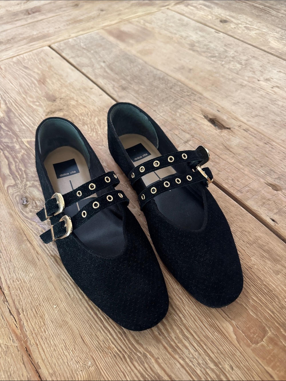 Dolce Vita Black Double-Strap Mary Jane Flats with Gold Buckles